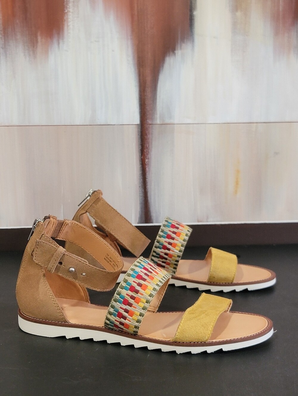 Frye & Co. Womens Strappy Suede Flat Sandals Woven Brown Multi Yellow US 7M